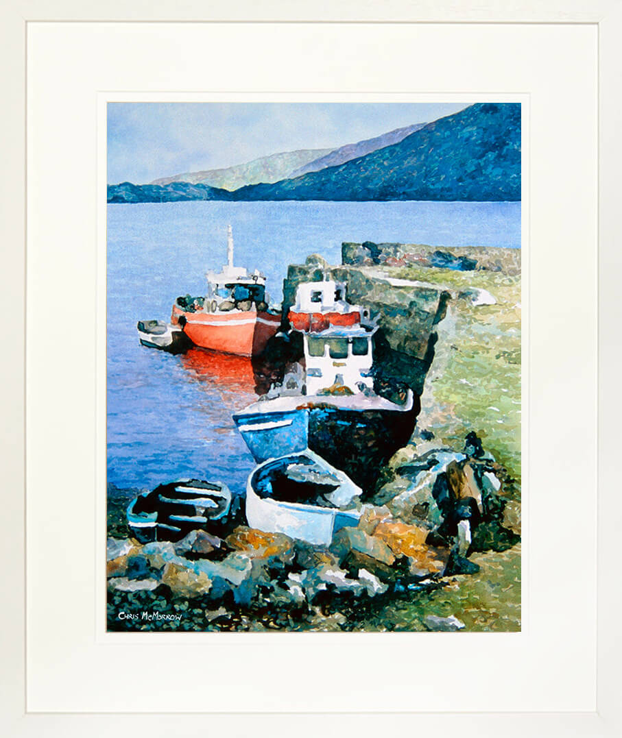 Framed print of local fishing boats resting by an old stone quay in Killary Harbour