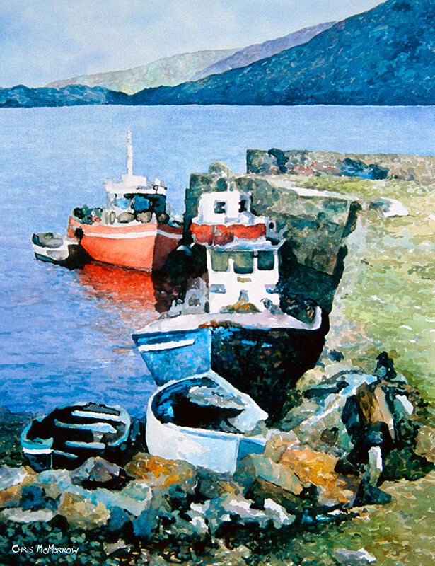 Watercolour painting of pretty red and blue fishing boats anchored by a pier in North Connemara