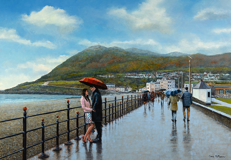 Painting of a couple under an umbrella on Bray Promenade