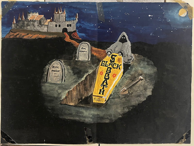 Ghoulish graveyard scene in a gouache painting