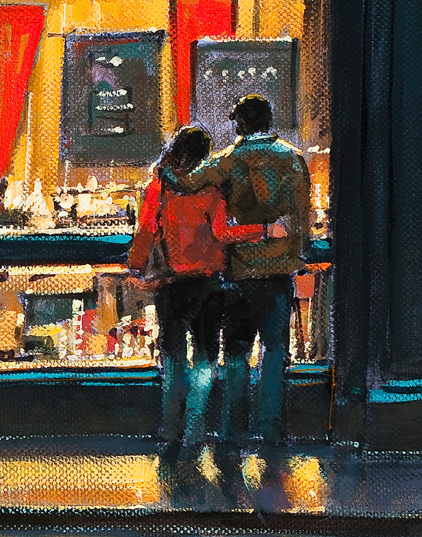 Section of a painting of a couple window shopping