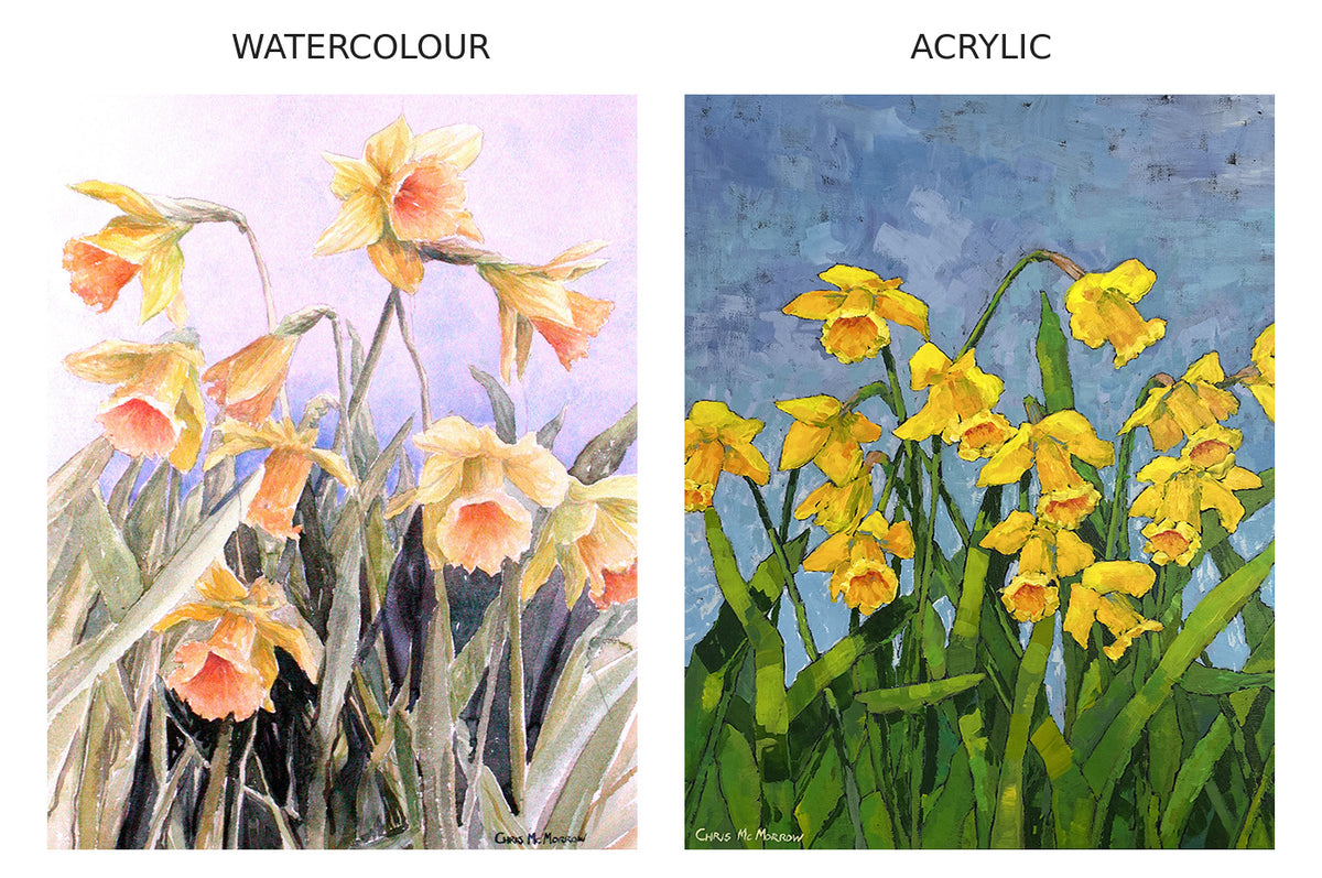 two paintings of daffodils side by side