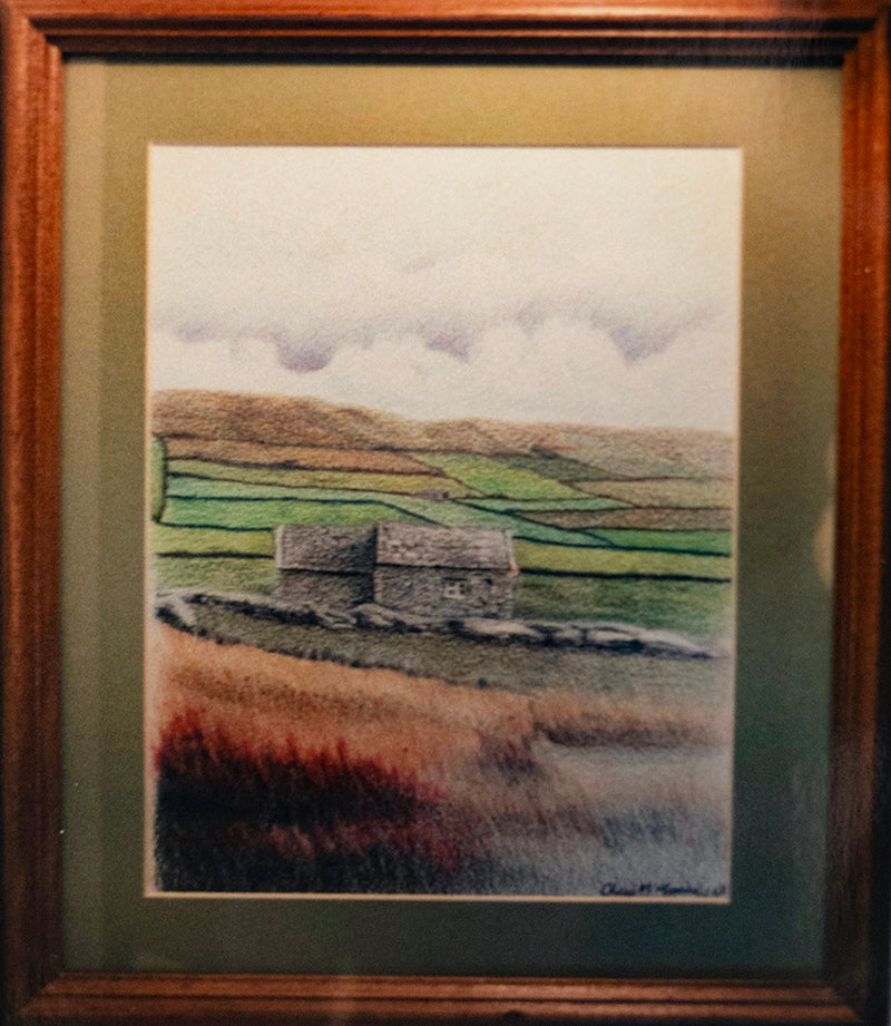 Stone cottage landscape coloured pencil drawing