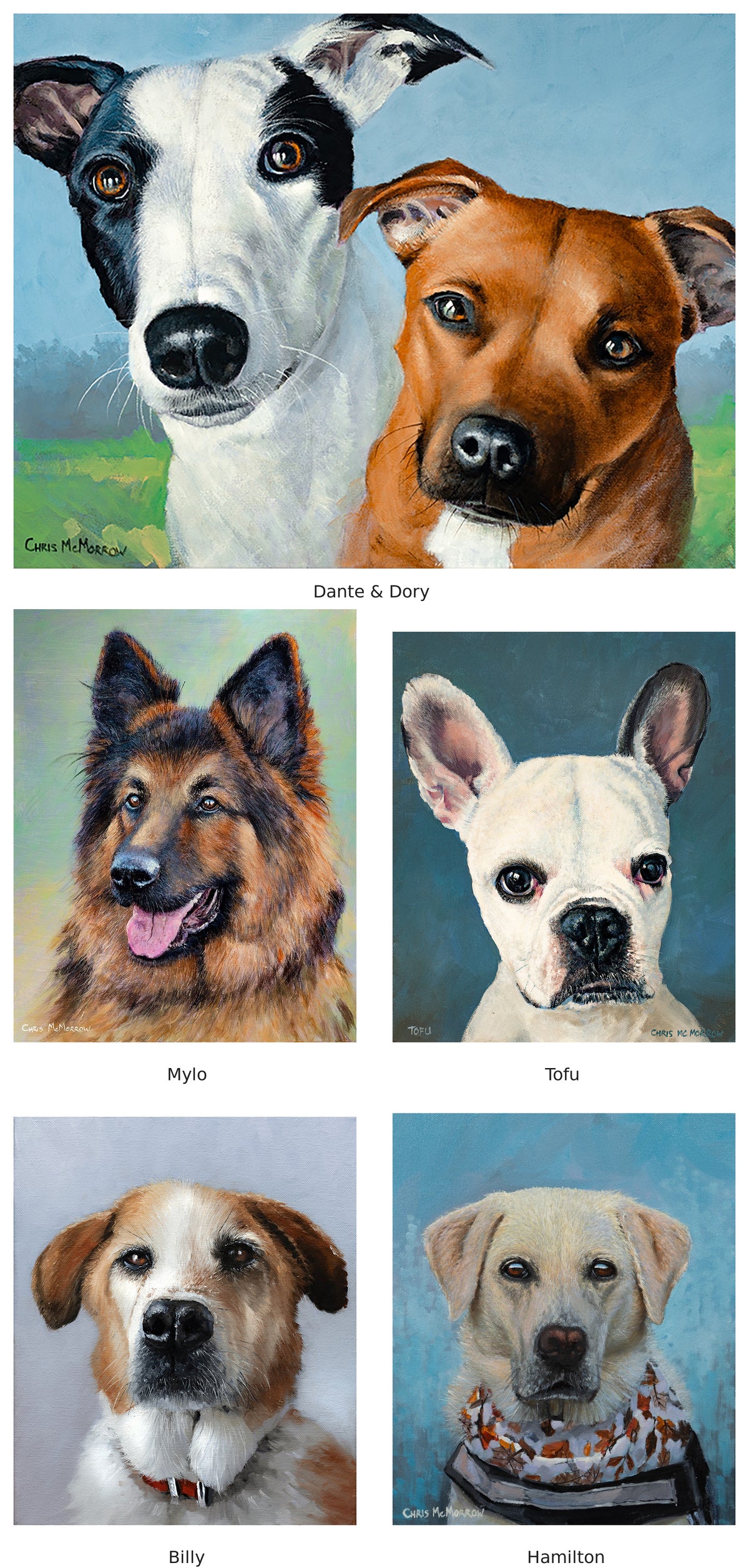 five paintings of dog portraits