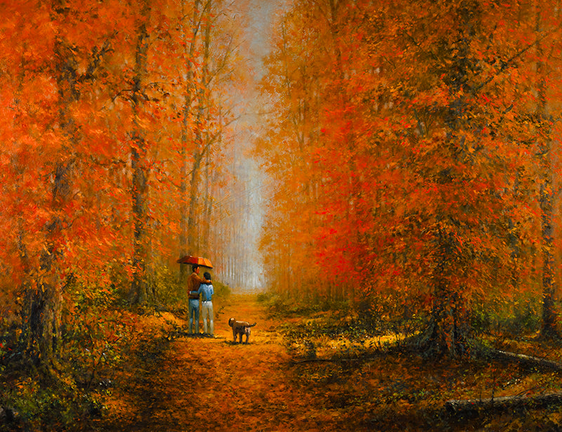 PAinting of a couple under a red umbrella in an autumn forest
