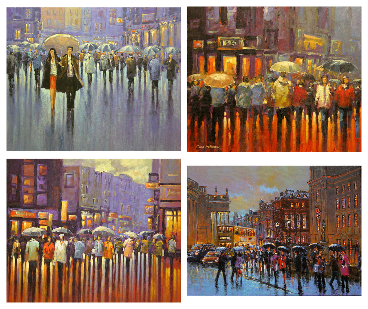 four paintings depicting dublin scenes