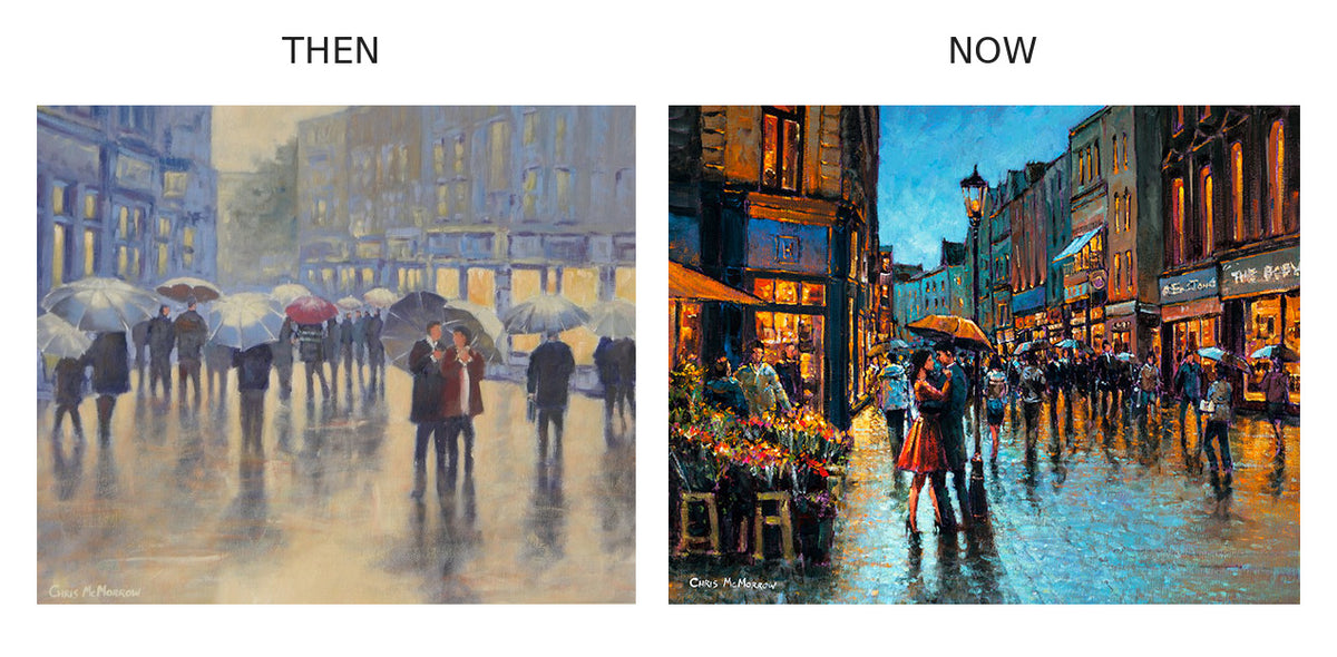 two side by side paintings of grafton street dublin