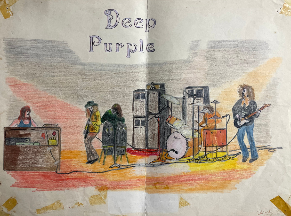 Coloured pencil drawing of the band Deep Purple on stage
