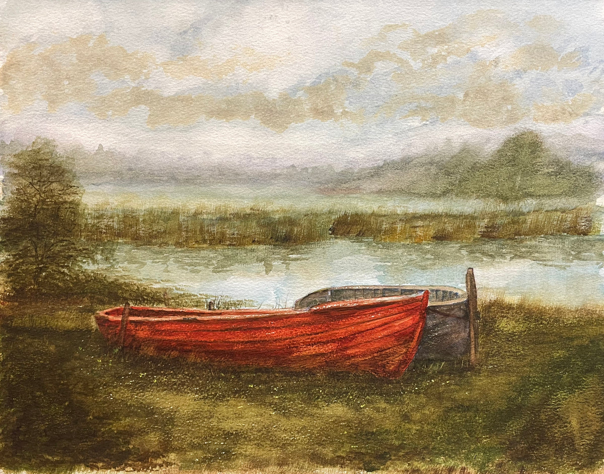 watercolour painting of a boat by a lake