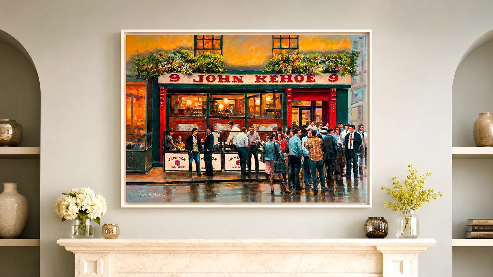 Framed canvas of a painting of Kehoes Pub, Dublin on a wall