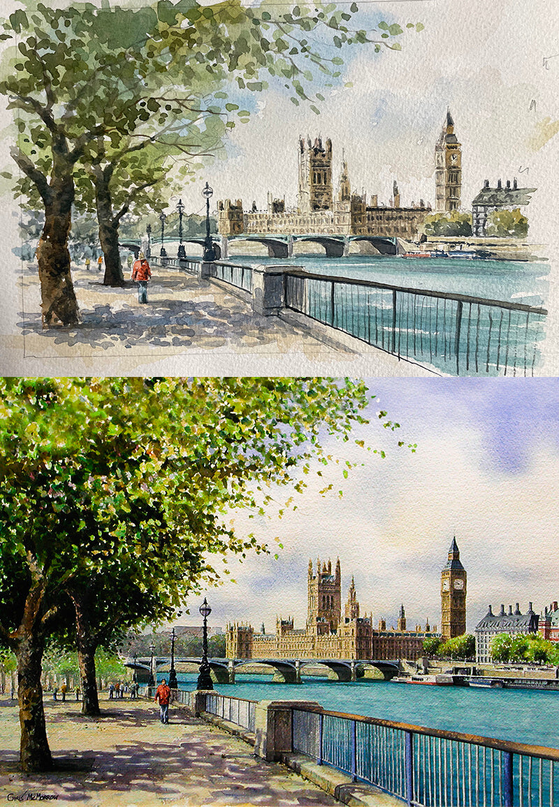 London City watercolour painting and sketch