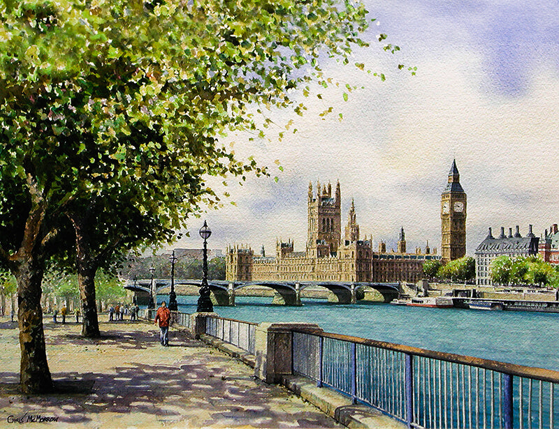 A painting of London, England showing the walkway along the Thames with Big Ben and the Parliament buildings in the distance