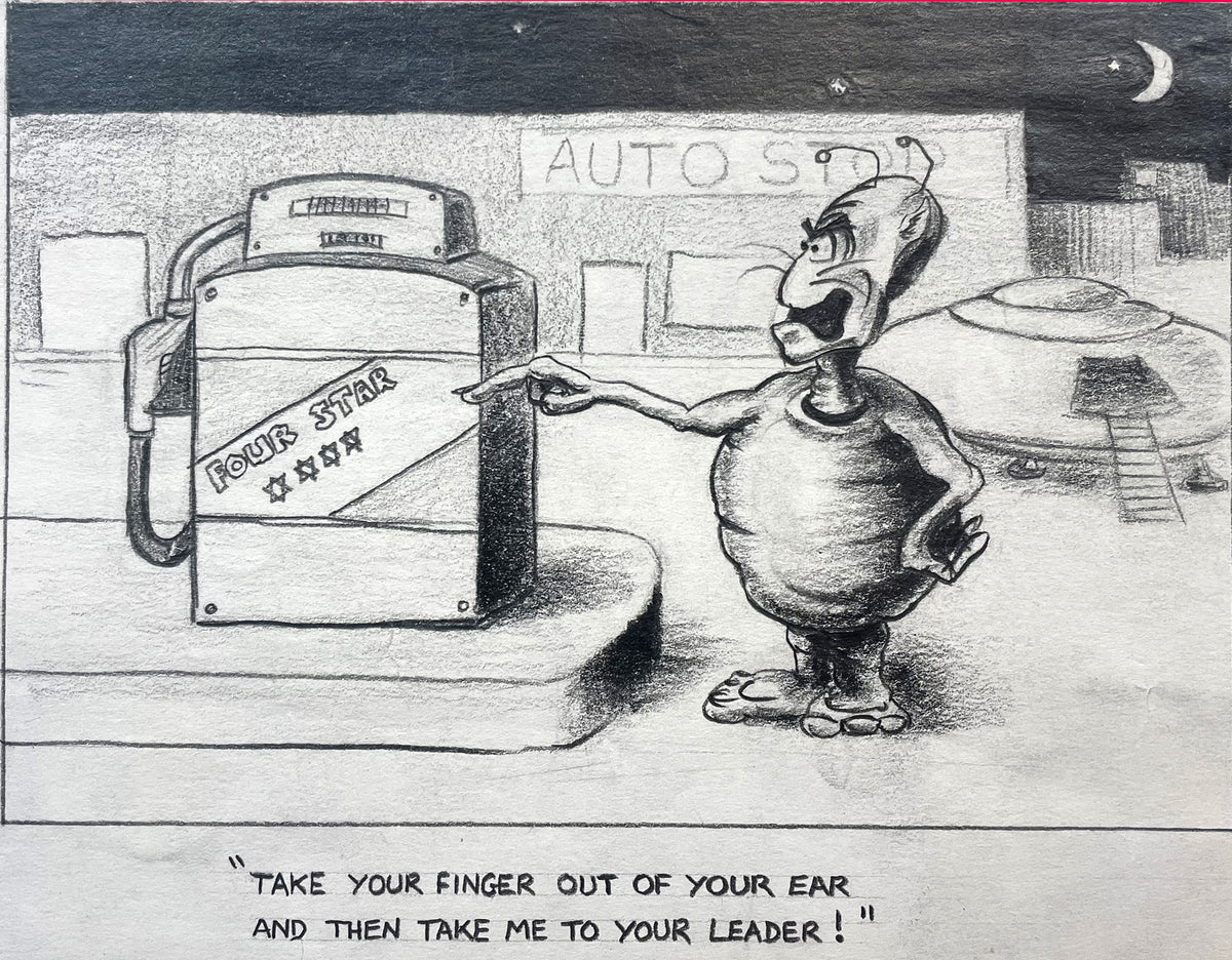 Cartoon drawing of an alien at a gas station