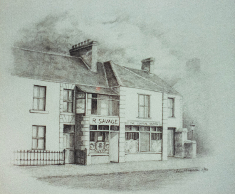 Pencil drawing of a shop and pub