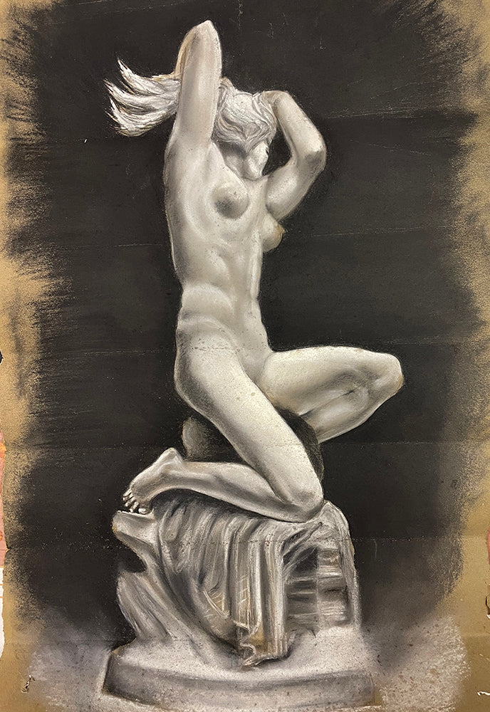 conte crayon drawing of nude statue