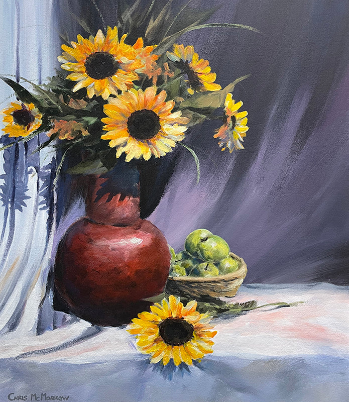 painting of a vase of sunflowers