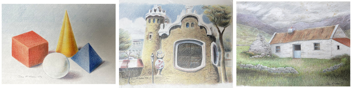 three coloured pencil drawings