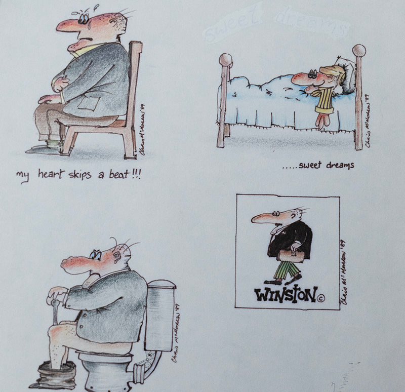 Four cartoon figure images drawni n ink