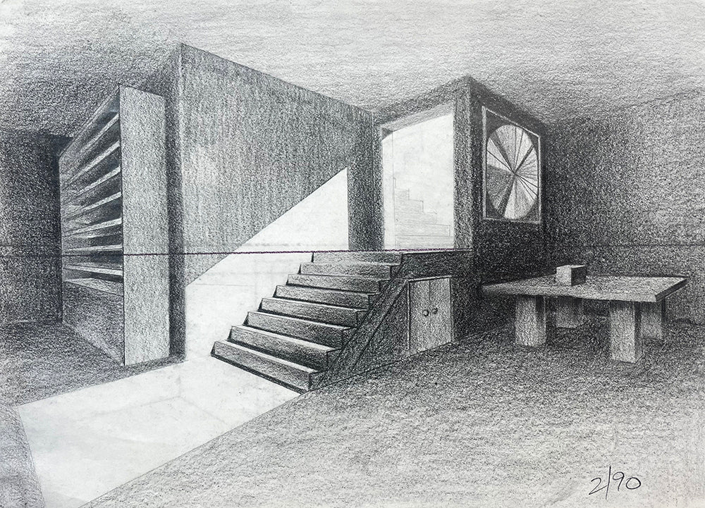 pencil drawing of a room showing perspective