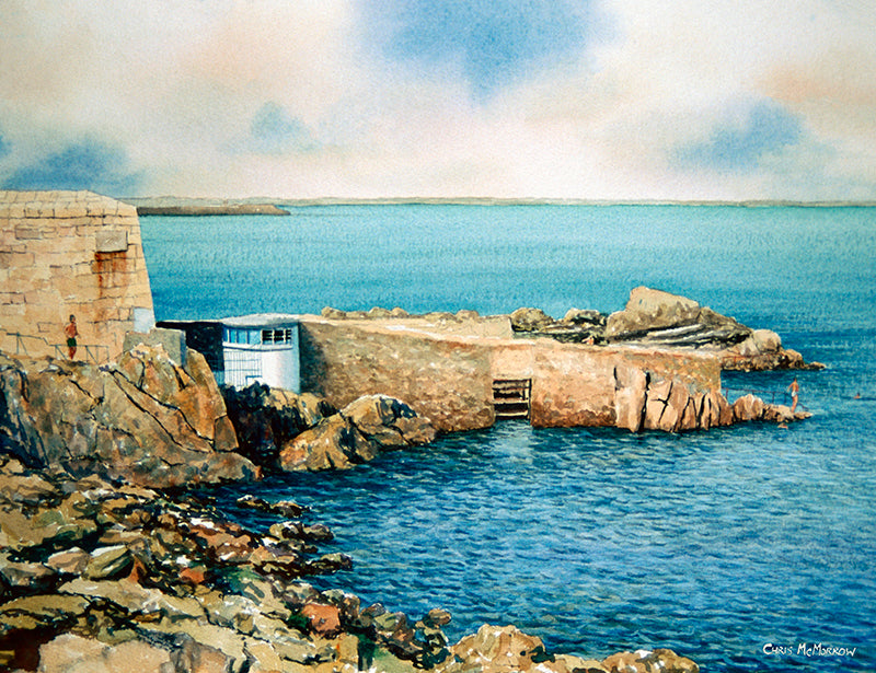 Watercolour of the 40 Foot bathing place in Sandycove, County Dublin