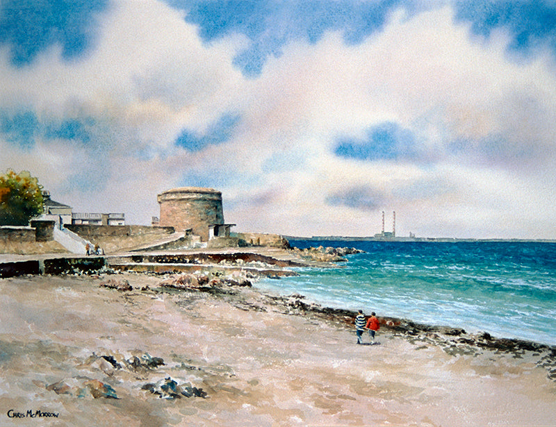 Watercolour painting of a couple on Seapoint beach, Dublin