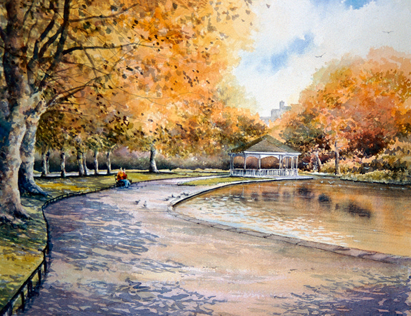 An autumn scene captured in watercolour of St Stephens Green, Dublin