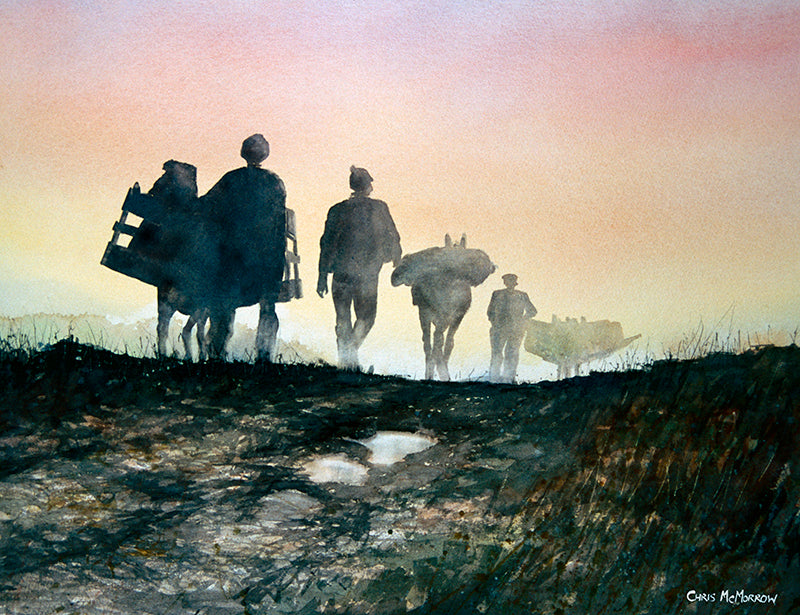 Watercolour painting of men and donkeys bringing home turf from the bog