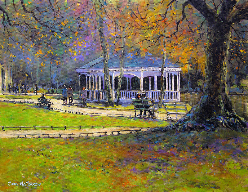 Painting of an autumnal Stephens Green, Dublin in faded greens and ochres