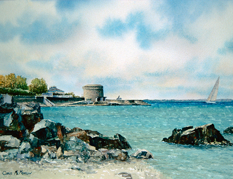 Watercolour painting of Seapoint, Dublin showing a sailboat in the green sea