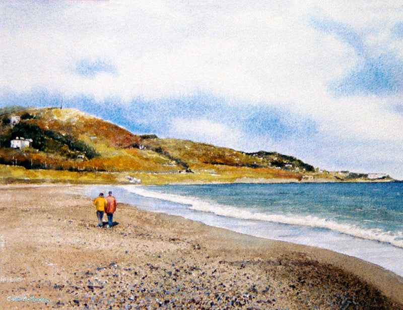 Painting of a couple walking along Killiney Beach, County Dublin