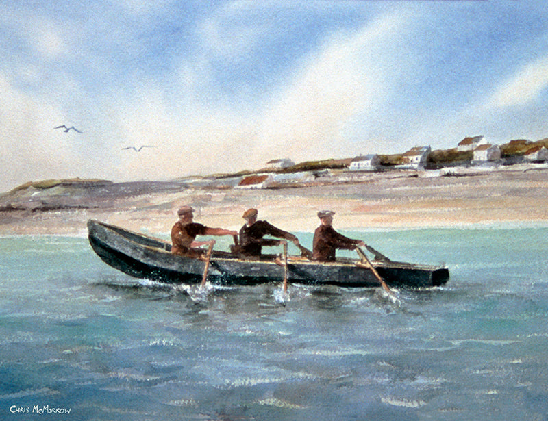 Watercolour seascape of men in a naomhog boat