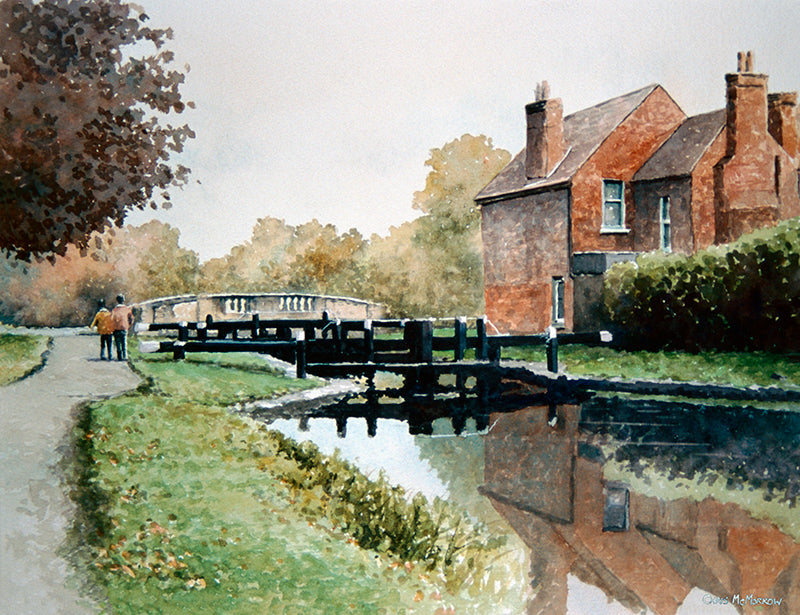 PAinting of a couple walking along the Grand Canal bank, Dublin