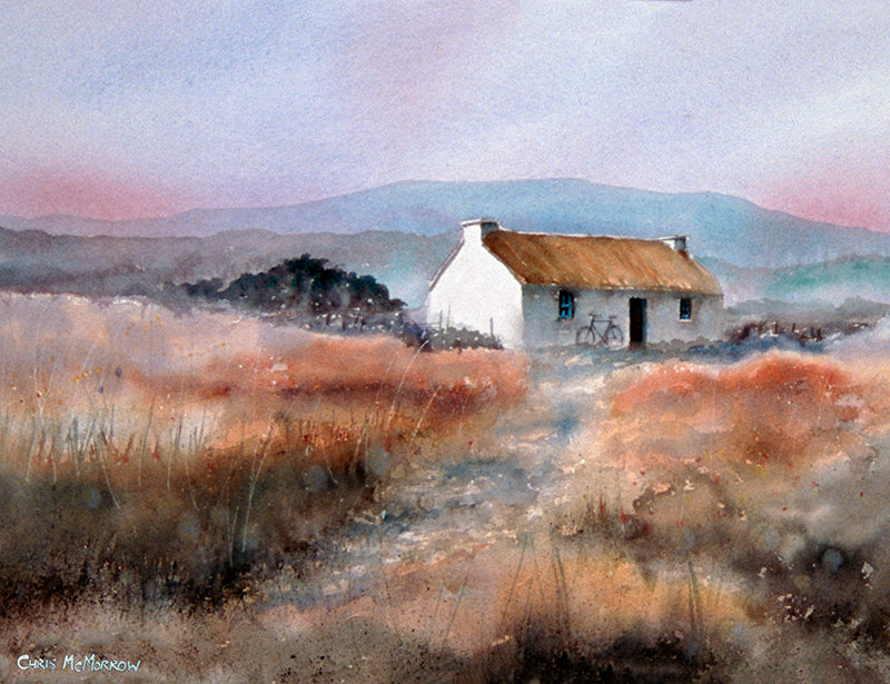 Watercolour painting of a thatched house in the west of Ireland