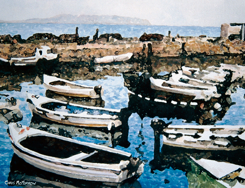 Watercolour painting of boats resting in Bullock Harbour, Dalkey