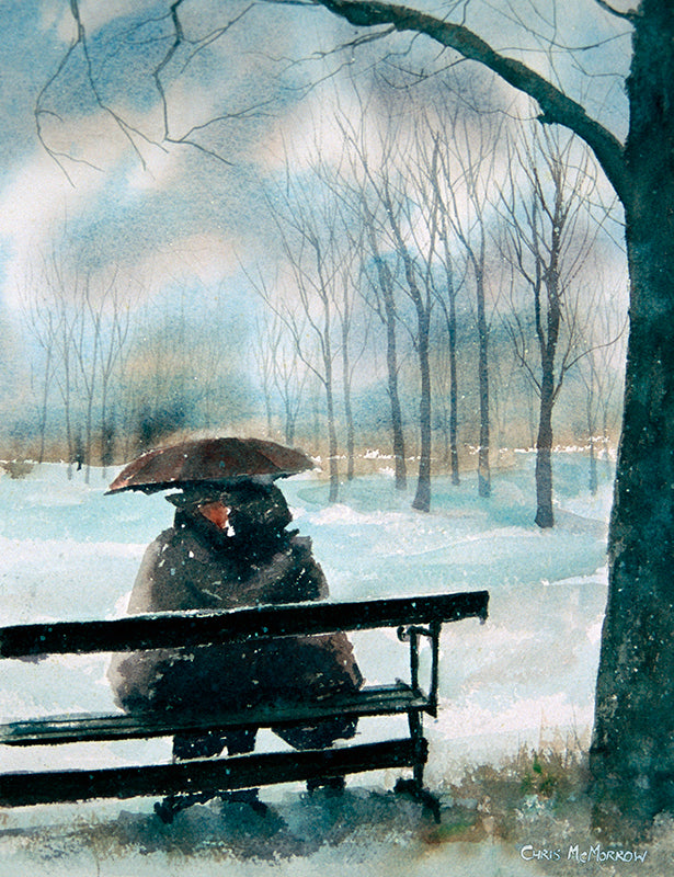 Watercolour of a couple on a park bench in the snow