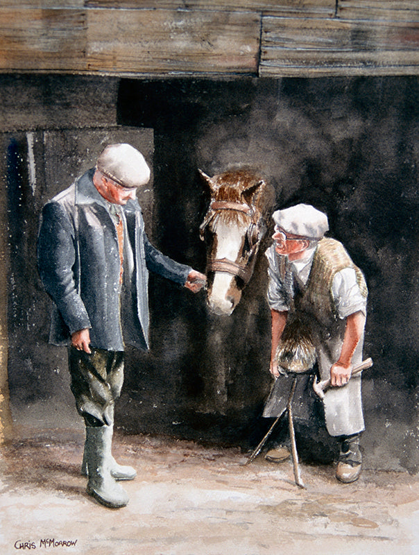 Painting of a farrier in the process of 'shoeing' a big horse