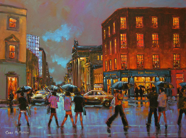 A painting of people crossing over Sarsfield Street, Limerick city