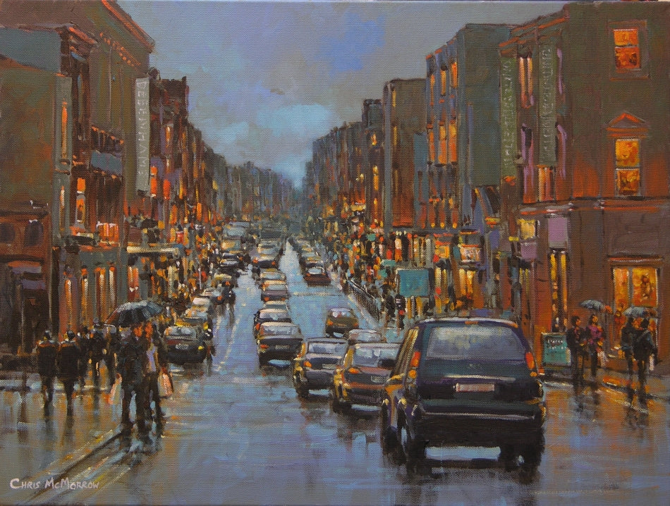 A painting of a view down Sarsfield Street, Limerick City