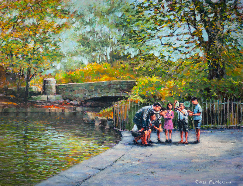 Painting of a group of children looking at the small fish they have netted in a glass jar in Stephens Green, Dublin