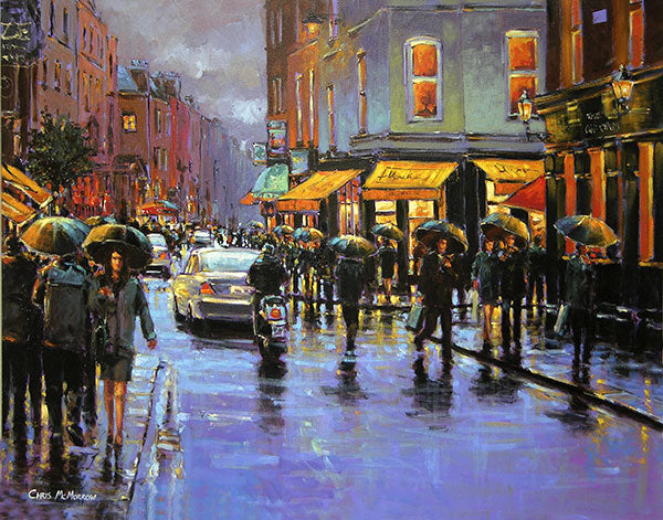 A colourful painting of the junction at South William Street , Dublin