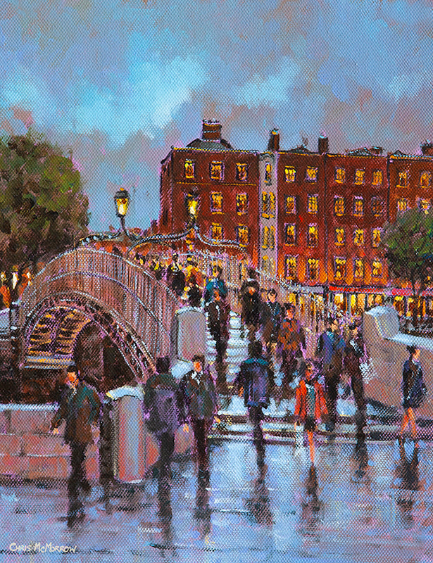 Painting of the Halfpenny Bridge on a rainy afternoon