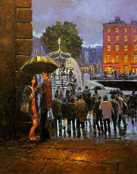 A painting of a couple embracing under Merchant Arch, Dublin