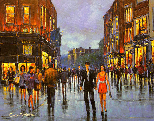 A painting of a young couple walking together on a Dublin city street