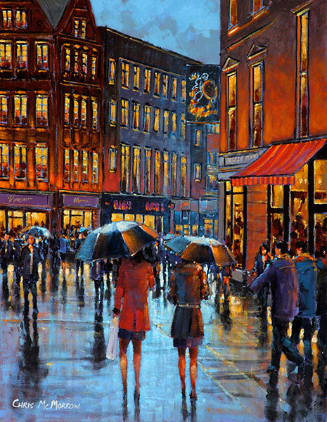 A painting of two ladies with umbrellas out shopping on Grafton Street