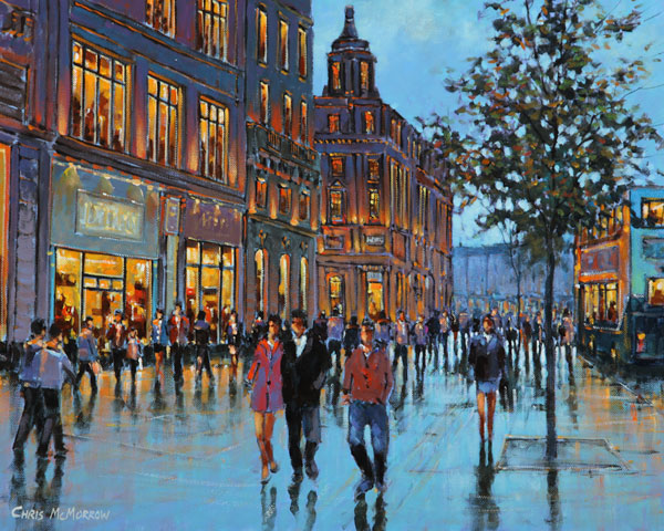 A painting of a crowd of people on O'Connell Street, Dublin