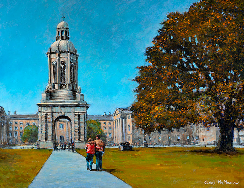 Painting of a couple taking a walk in the grounds of Trinity College, Dublin