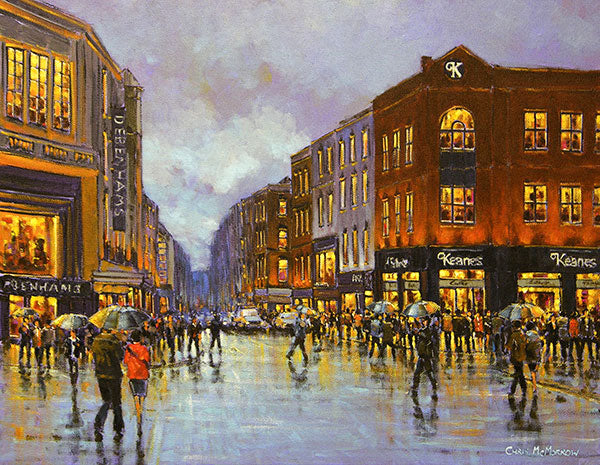Print of a painting of people crossing O'Connell Street, Limerick