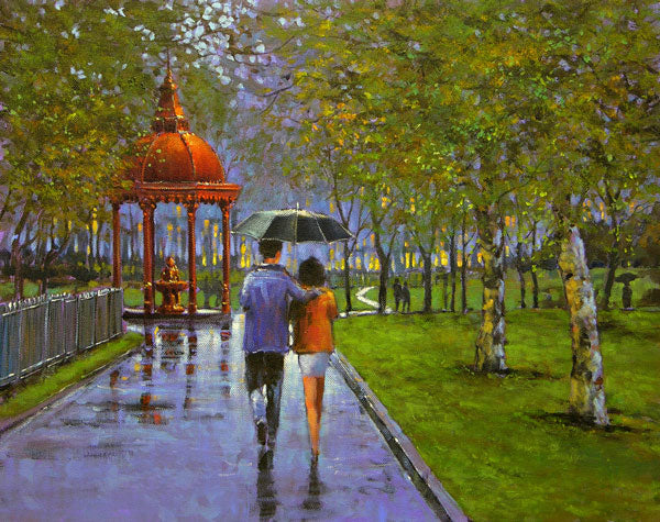 A painting of a couple walking under an umbrella near the fountain in the Peoples Park, Limerick