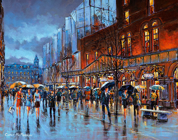 A painting of people going to the Gaiety theatre , Dublin