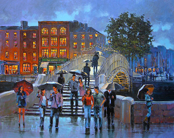 Over the Bridge A painting of people crossing over the Halfpenny Bridge